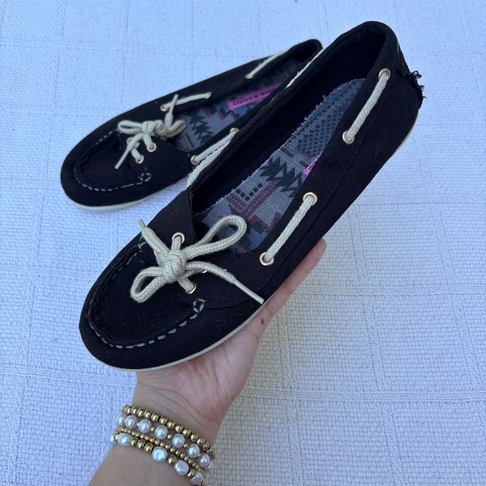Women's 10 ROCK & CANDY Y2K Hula Canvas Black White Ballet Flat Boat Shoes